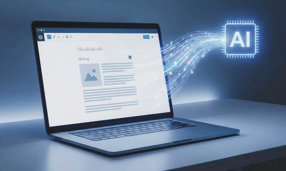 A laptop displaying a website content editor with vibrant digital streams flowing towards a glowing 'AI' chip, illustrating how long to build a website with AI assistance.