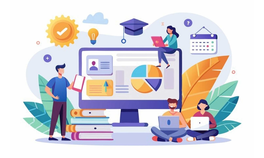 An illustration showing three people collaborating on digital tasks around a large screen, symbolizing the process of creating custom built websites or using website builders. There's also a graduation cap, idea bulb, and calendar.