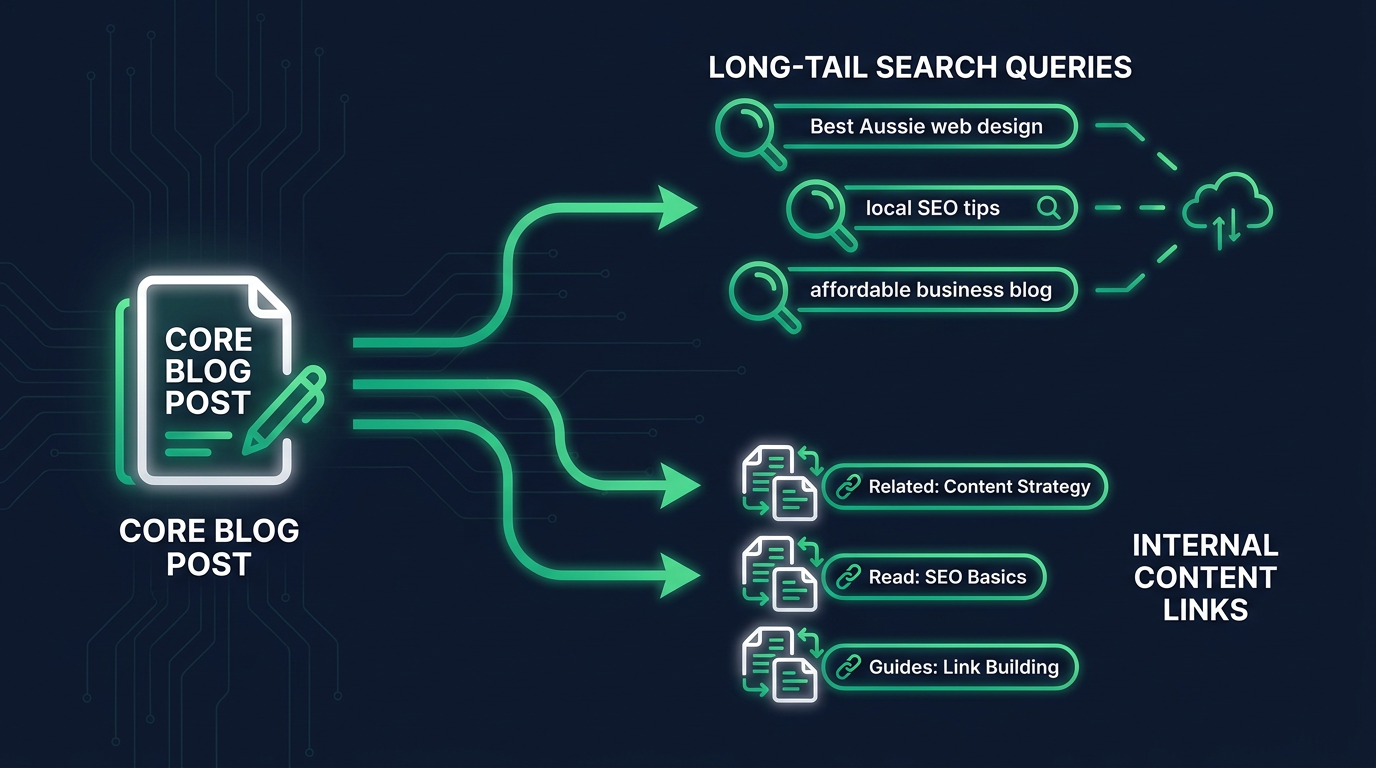 Diagram showing a blog post branching into long-tail SEO keywords and internal links.