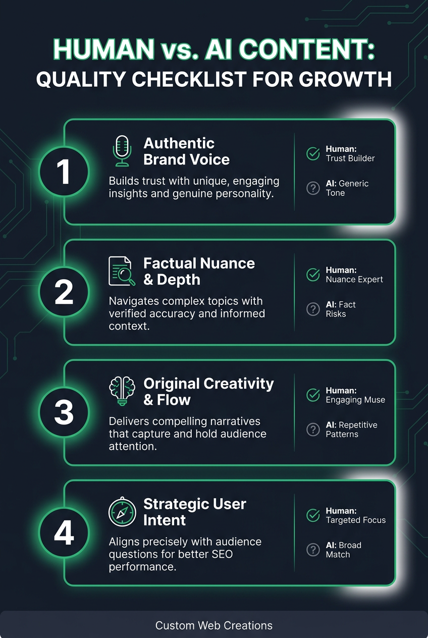 Checklist comparing human vs AI content quality markers for SEO success.