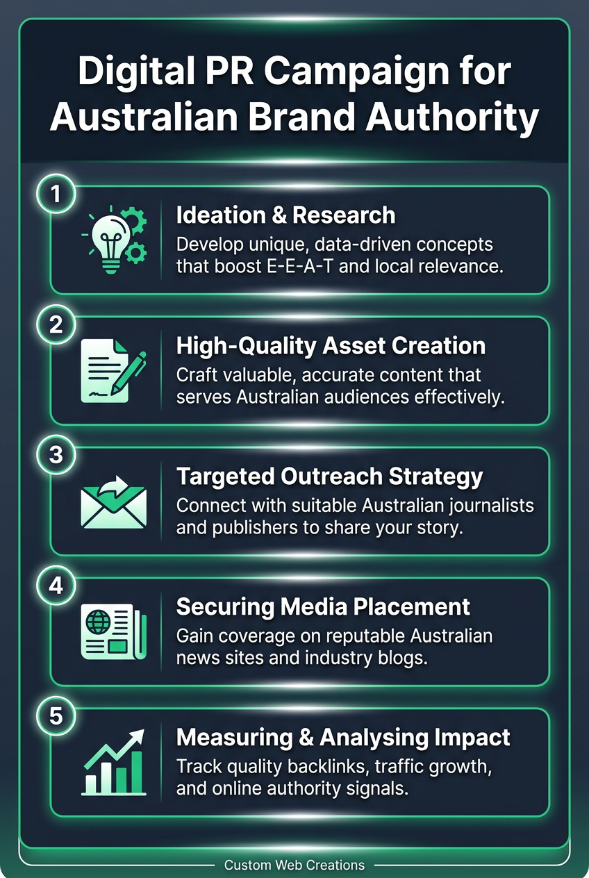 Infographic: 5 key steps for a successful Digital PR campaign in Australia for building brand authority.