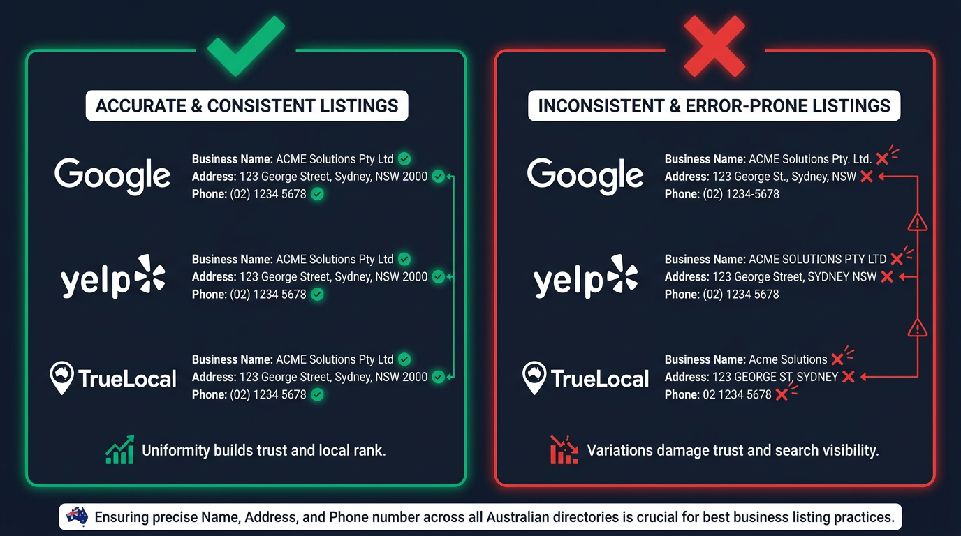 NAP consistency in Australian business directories: consistent vs inconsistent details