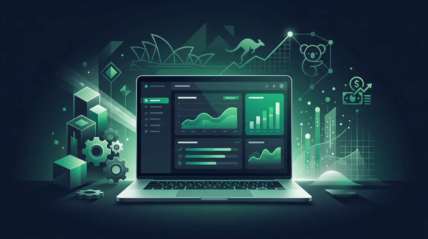 Sleek SaaS dashboard on a laptop, showcasing Australian web app development.