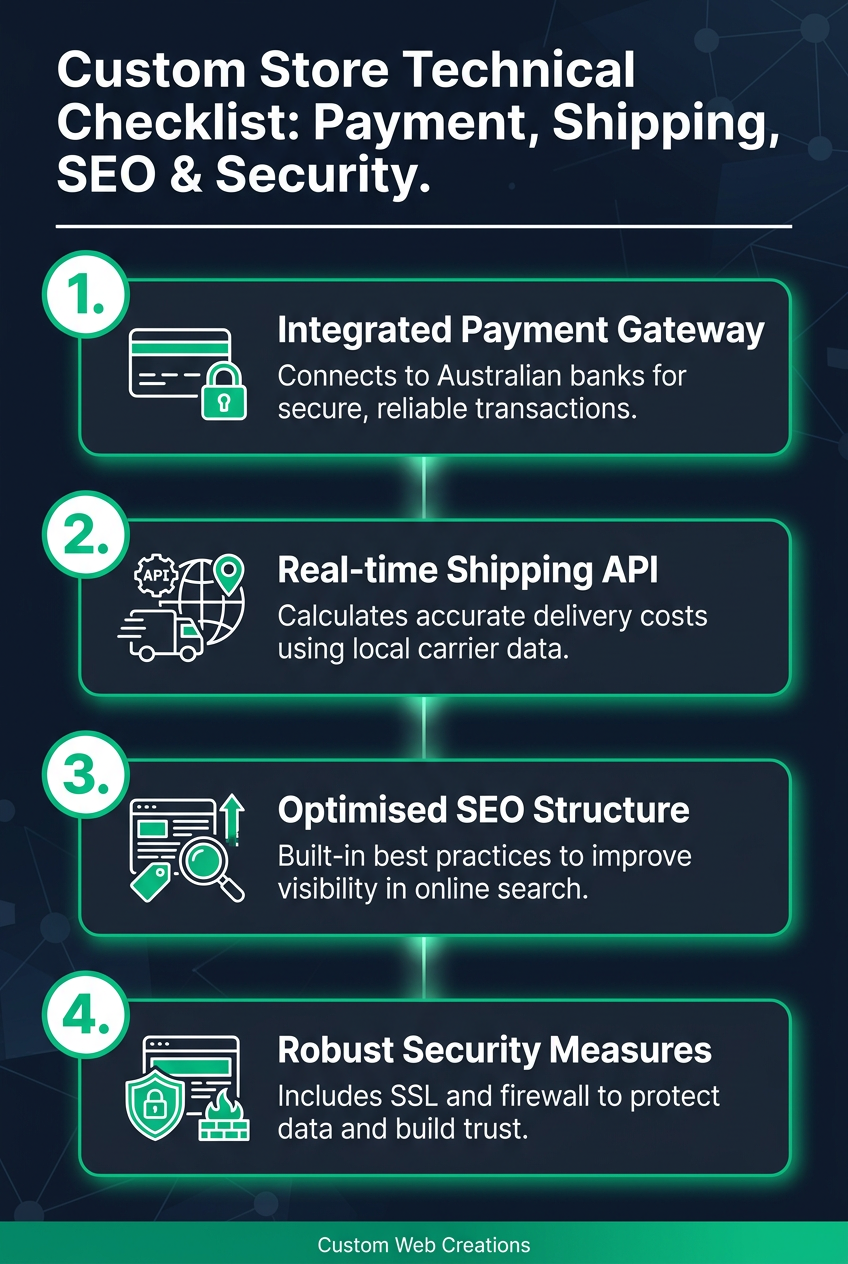 Custom e-commerce website components: payment gateway, shipping API, SEO, and security for online store cost Australia.