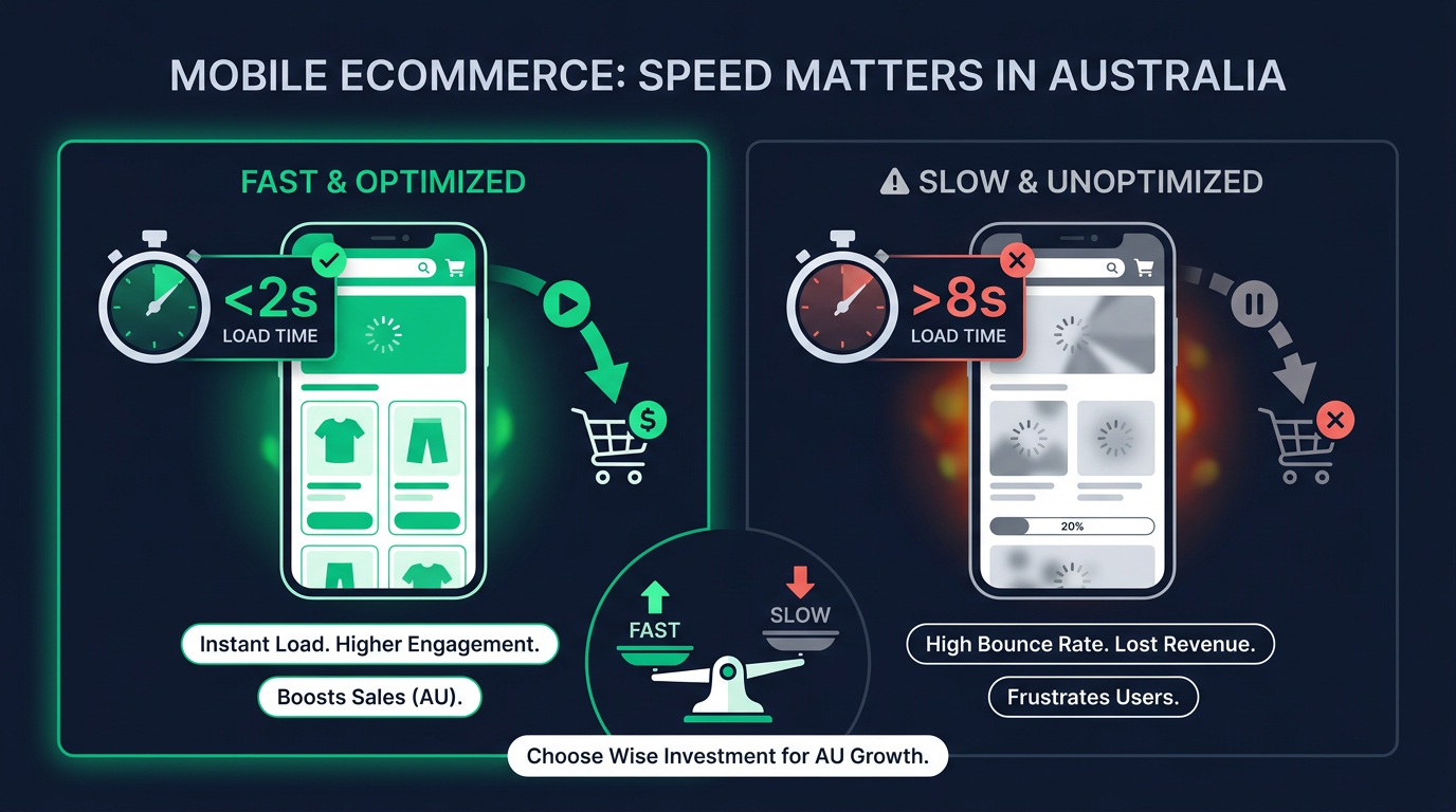 Fast vs slow mobile ecommerce site speed comparison for Australian businesses. Stopwatch icon highlights loading times.