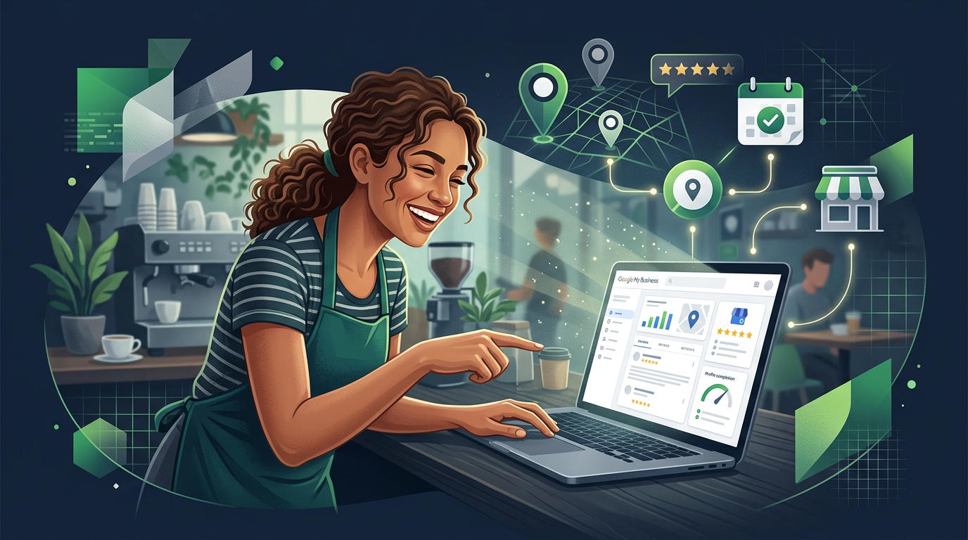 Australian small business owner smiling while setting up Google Business Profile on laptop