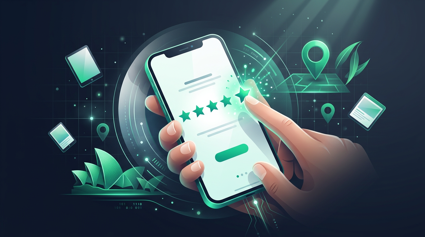 Person taps 5-star review on cafe app, showing Google reviews SEO impact in Australia.