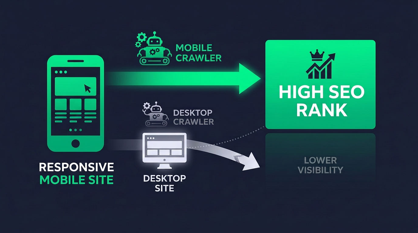 Diagram explaining Google's mobile-first indexing and its impact on mobile responsive website Australia SEO.