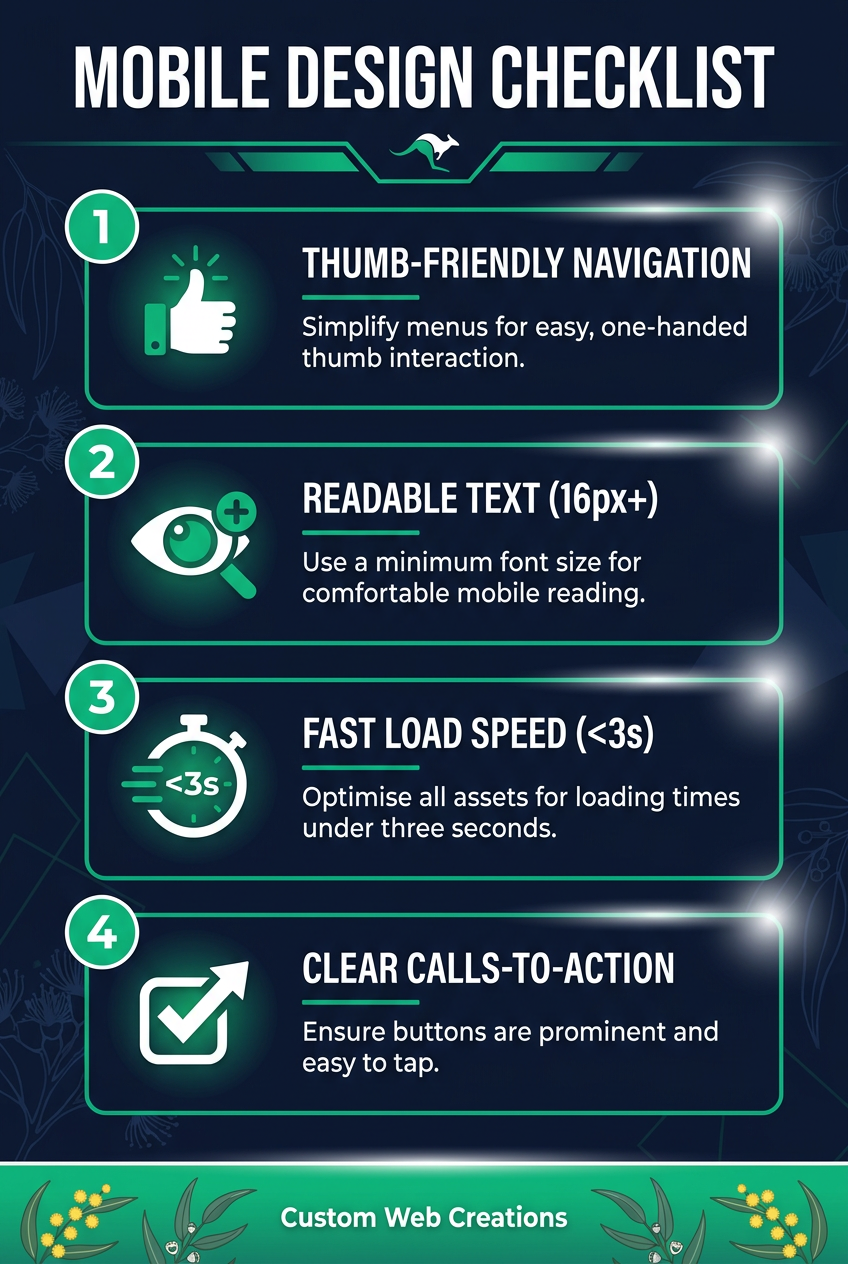 Mobile Design Checklist infographic covering thumb-friendly navigation, readable text, fast load speed, and clear calls-to-ac