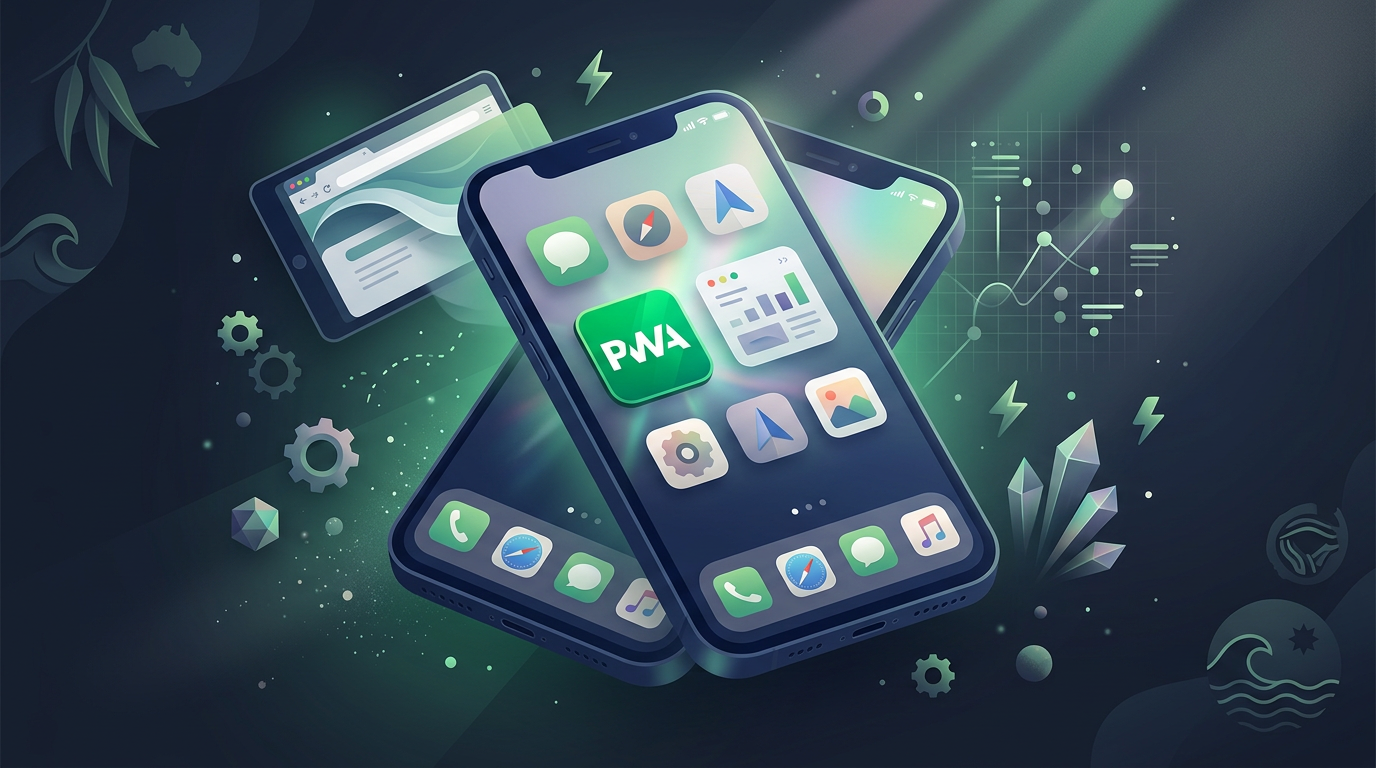 Smartphone displaying a PWA home screen icon alongside native apps in Australia