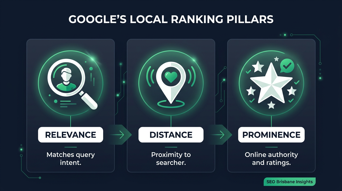 Google Local Ranking Pillars: Relevance, Distance, Prominence Google's local search ranking factors: relevance (magnifying glass/profile), distance (map pin), and prominence (star/reviews