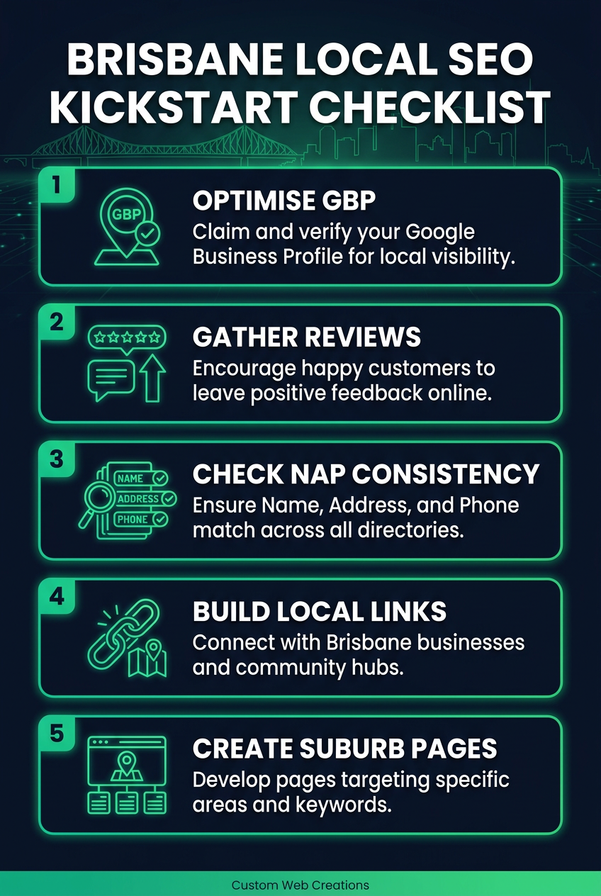 Brisbane Local SEO Kickstart Checklist Brisbane Local SEO Kickstart checklist with 5 key optimisations for Google Maps and local search growth.