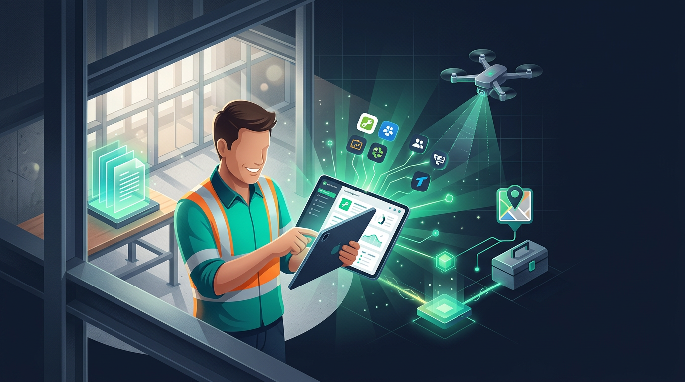 Australian tradie uses tablet for ServiceM8 integrations on modern construction site