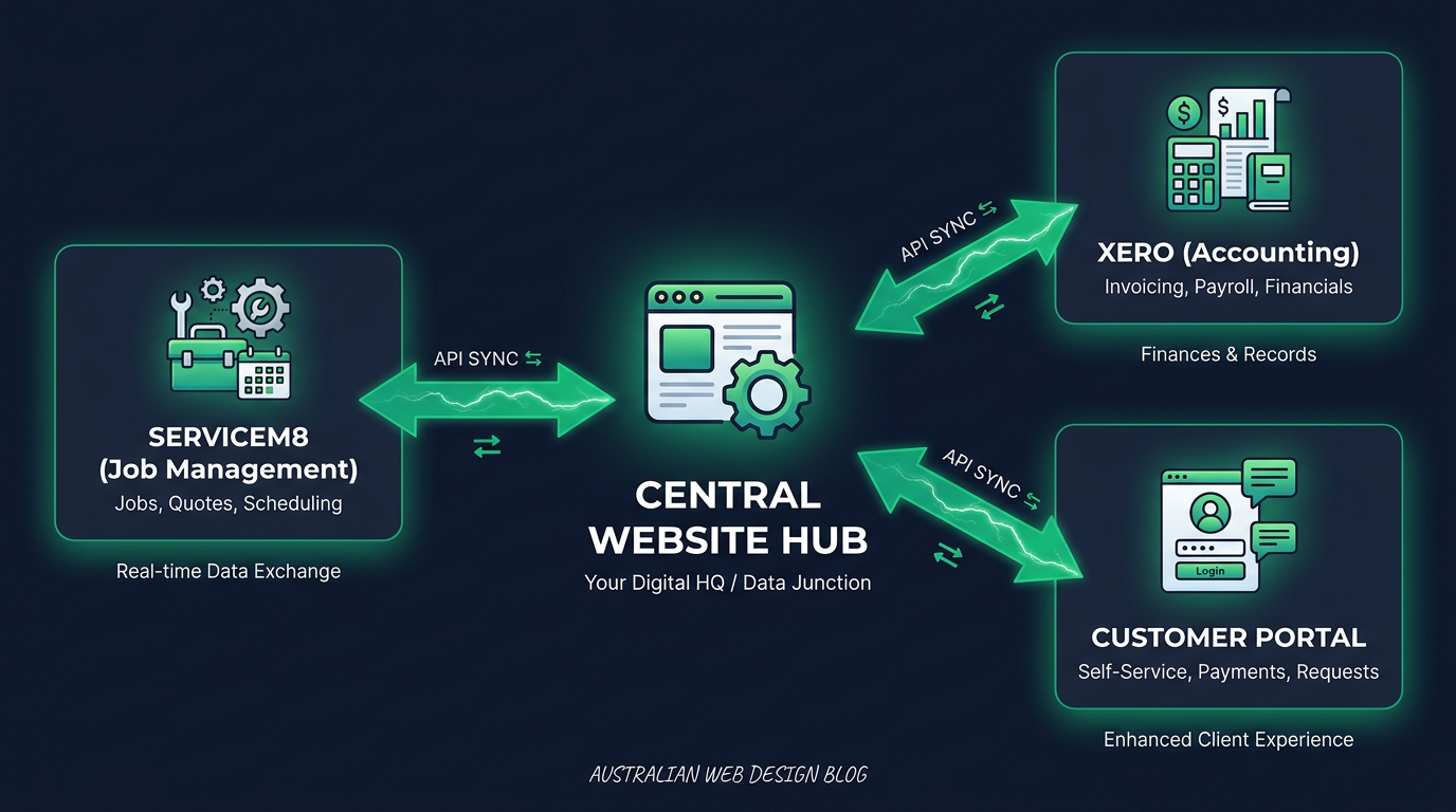 Diagram showing a central website hub connecting to ServiceM8, Xero, and Customer Portal via API for automation.
