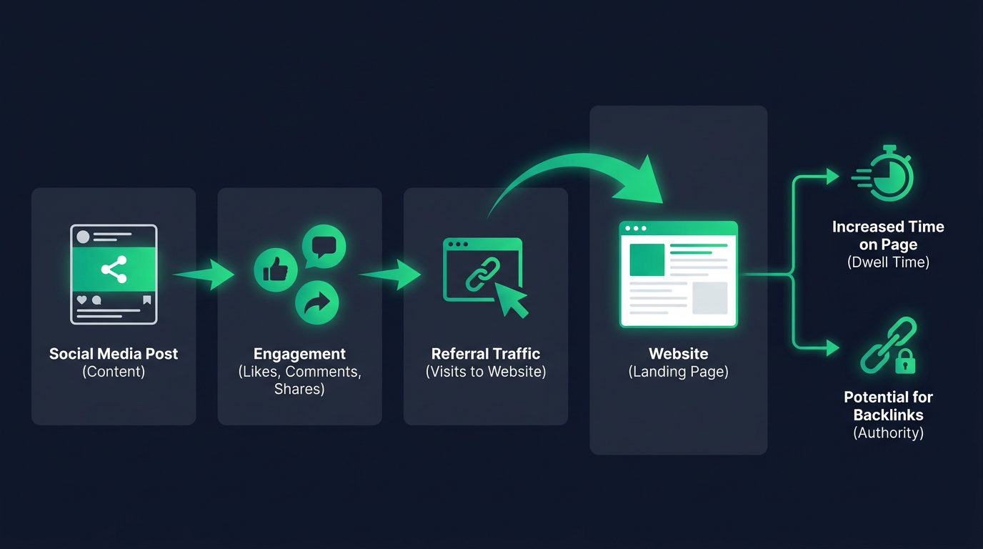 Flowchart: Social media engagement drives website traffic and SEO signals like time on page.