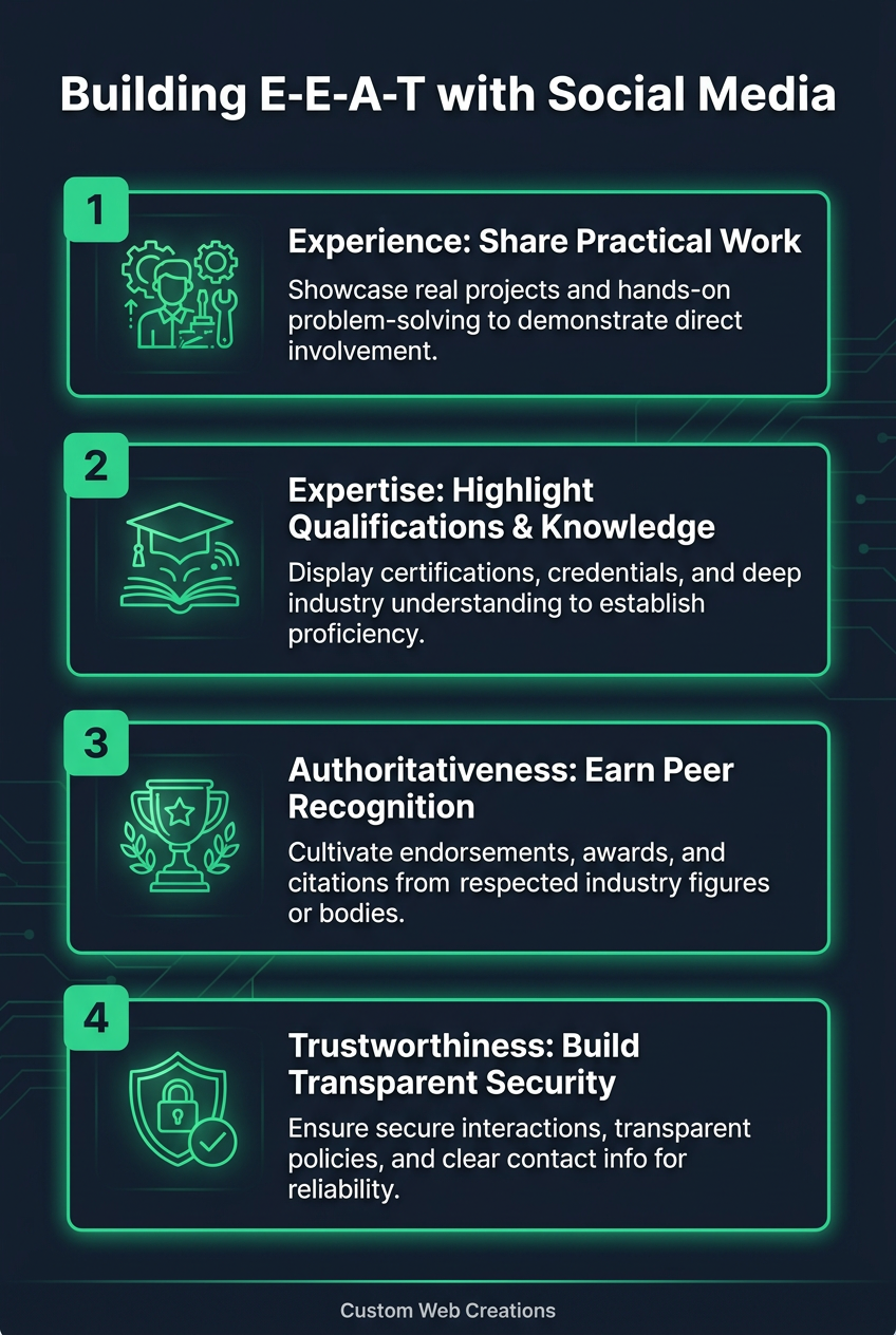 Infographic showing how social media builds E-E-A-T (Experience, Expertise, Authoritativeness, Trustworthiness) for SEO Austr