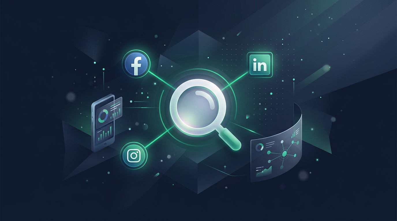 Abstract image showing social media icons connected to a magnifying glass, representing social signals aiding SEO in Australi