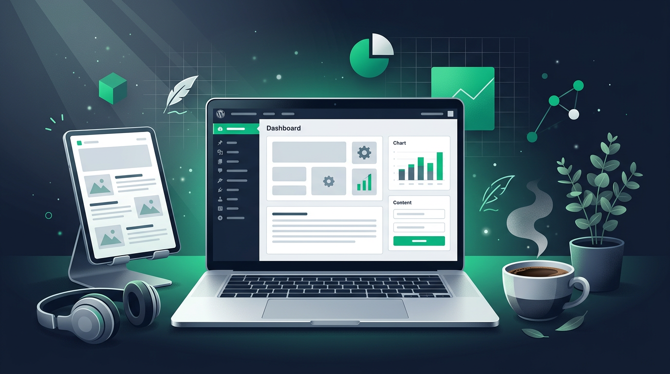 Modern Australian home office with laptop displaying WordPress dashboard for business blogging