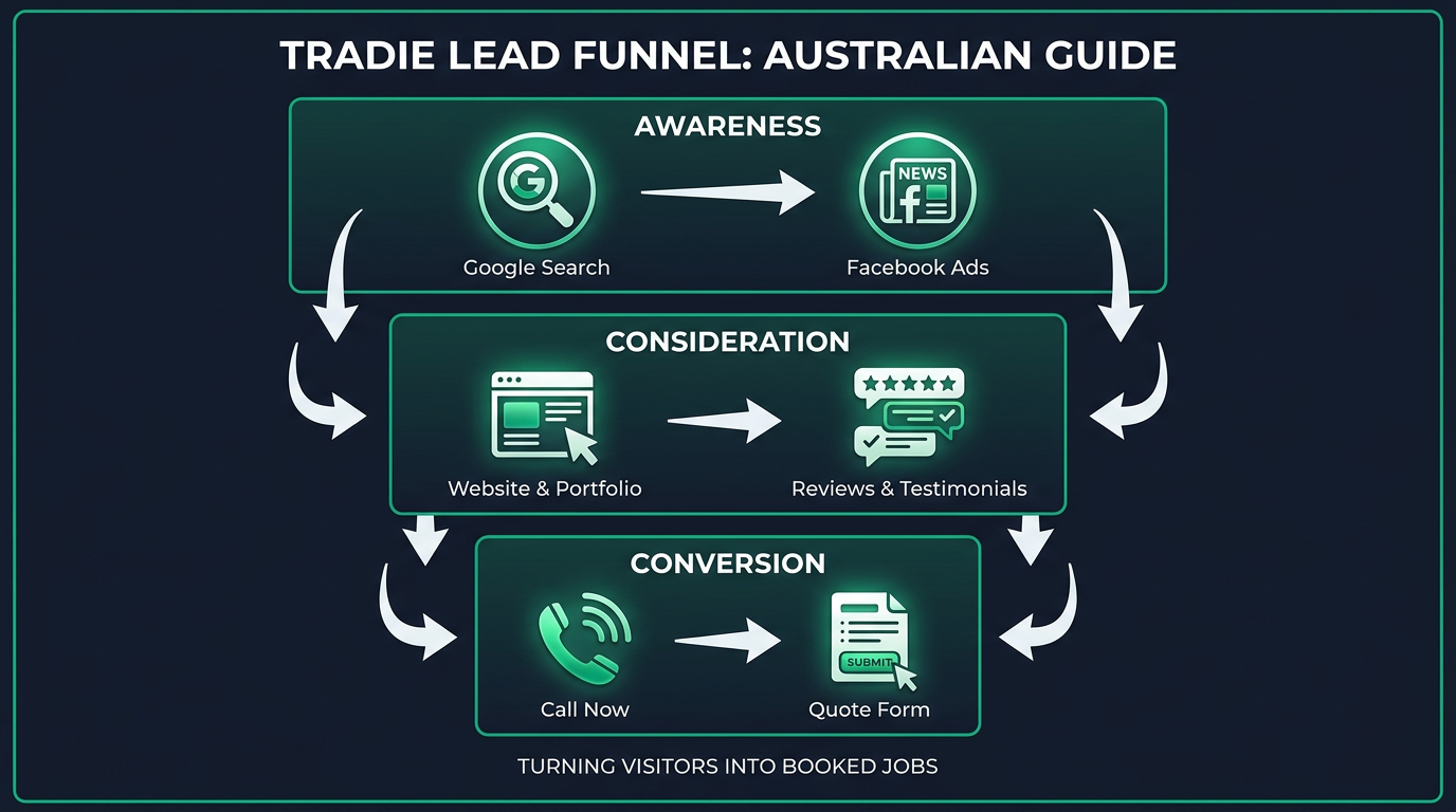 Tradie Lead Funnel: Awareness (Google, Facebook), Consideration (Website, Reviews), Conversion (Phone, Quote Form)
