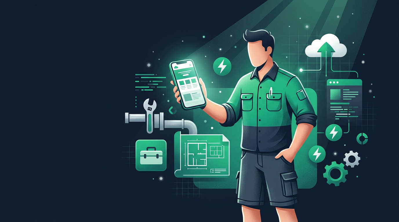 Australian plumber with new website on smartphone, featuring essential tradie website elements.