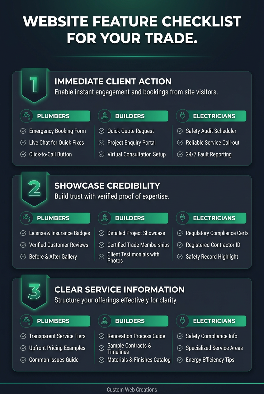 Website Feature Checklist for Tradies: Essential elements for plumbers, builders, and electricians.