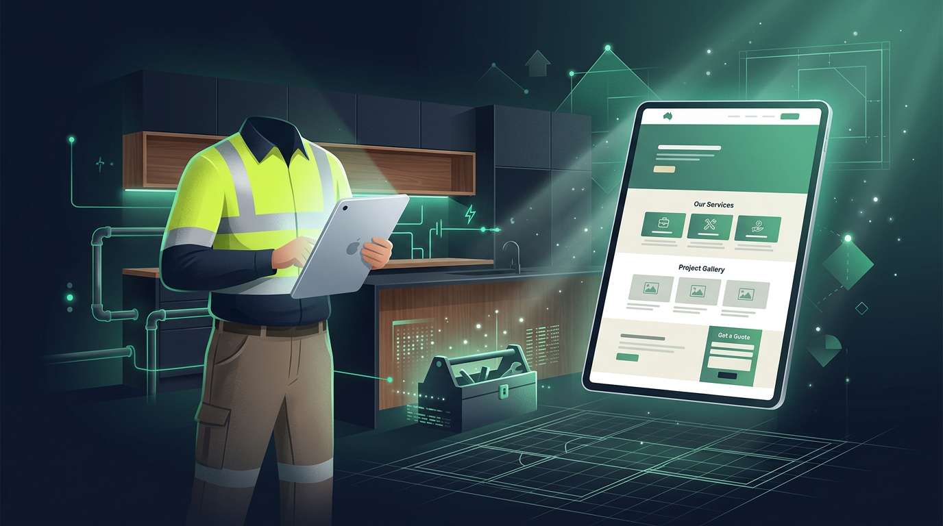 Australian tradie on a tablet showcasing professional website design for trades in Australia.