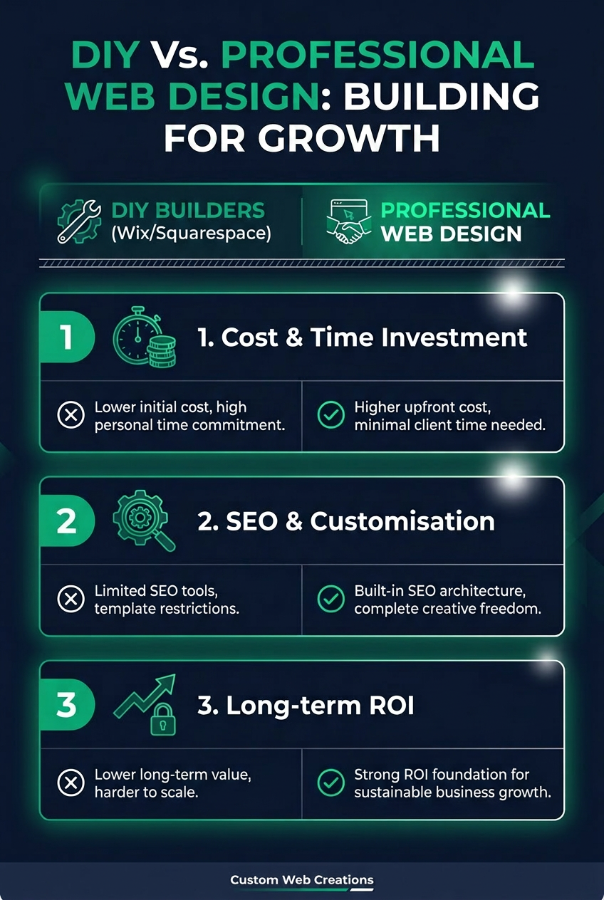 Infographic comparing DIY website builders vs. professional web design for Australian tradies, showcasing ROI benefits.