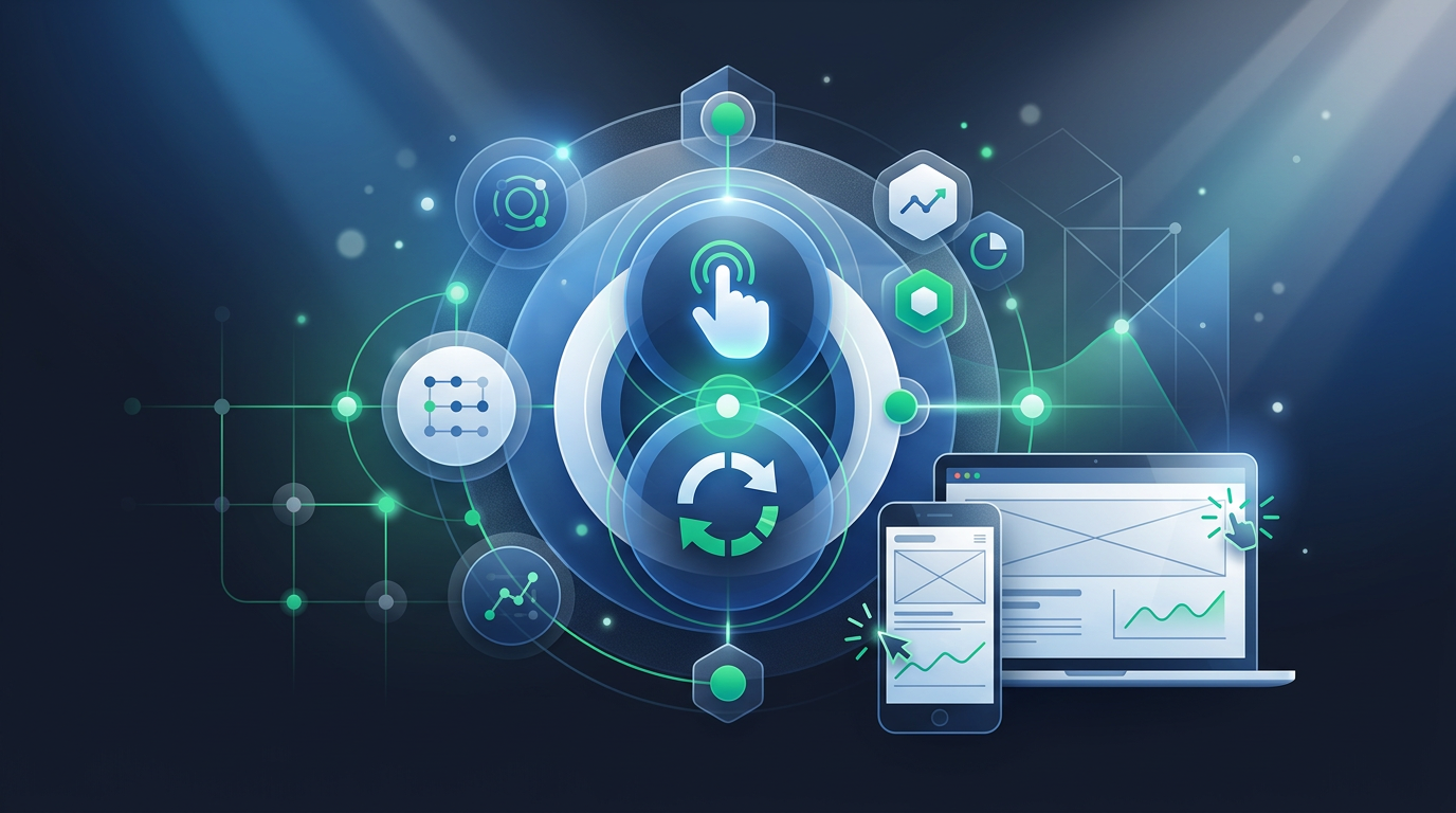 Abstract UX design showing user interaction icons and geometric shapes in blue and white, for Australian web design.
