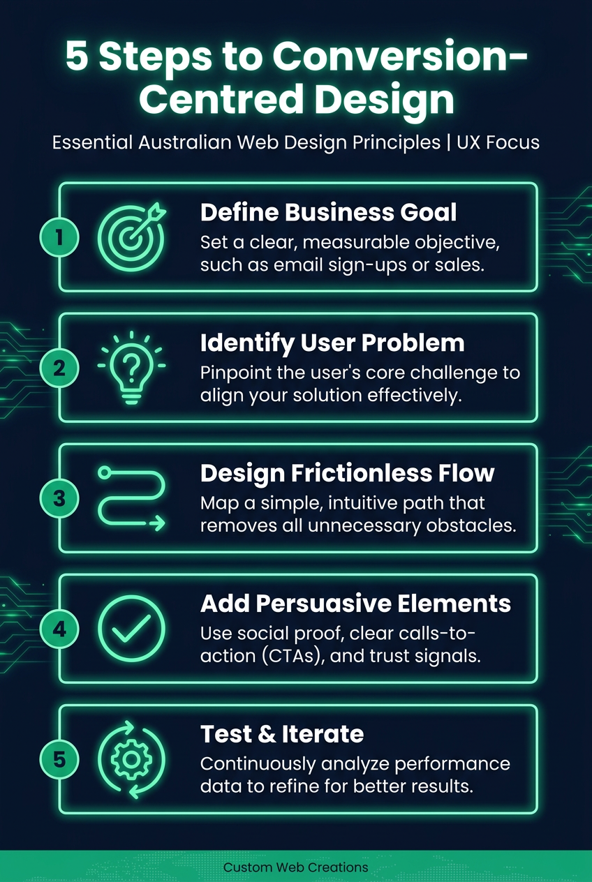 5 Steps to Conversion-Centred Design infographic, crucial for user experience design in Australia.