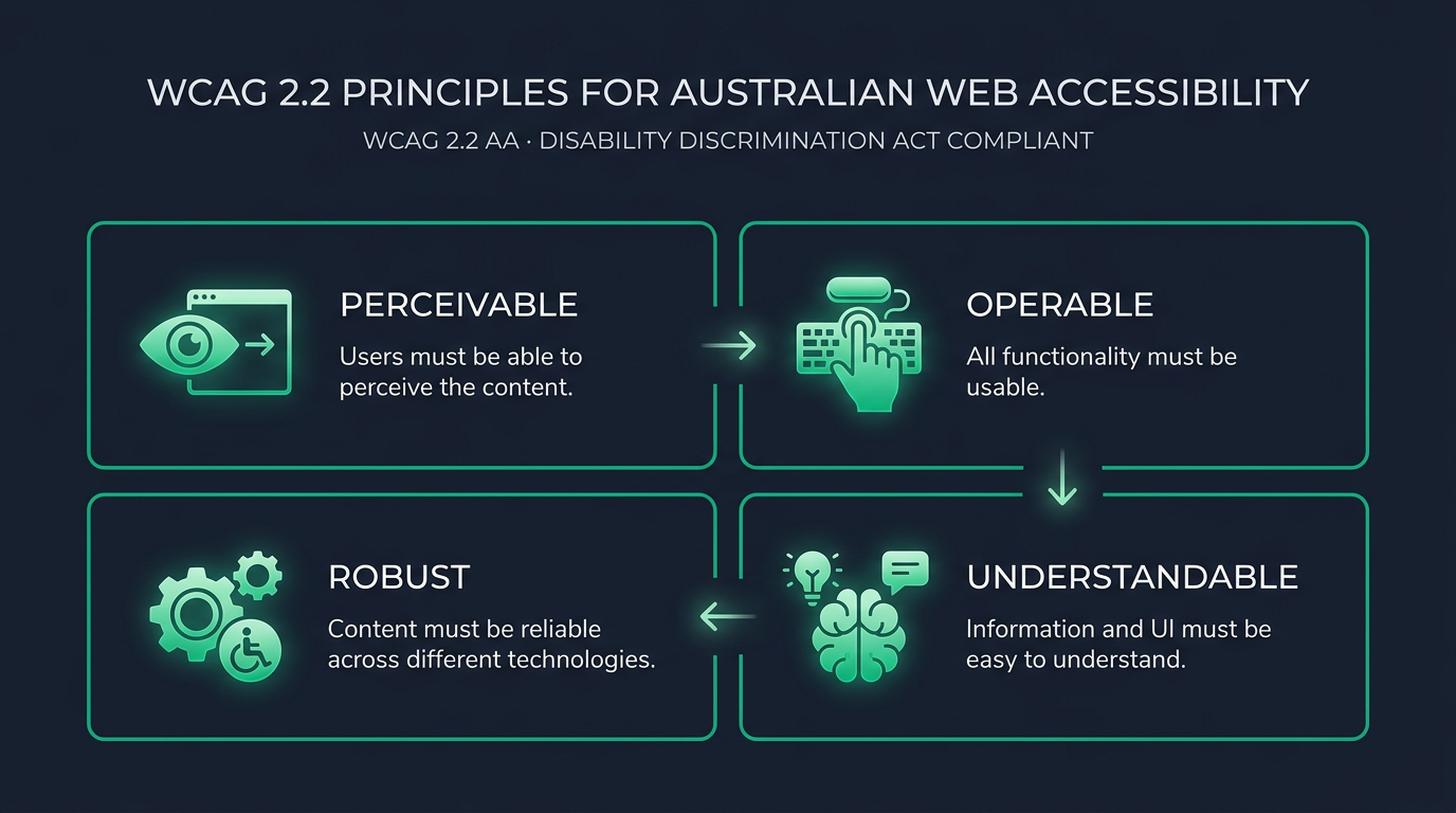Diagram of WCAG POUR principles: Perceivable, Operable, Understandable, Robust for inclusive web design Australia.