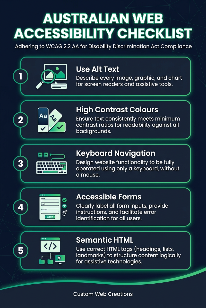 Australian Web Accessibility Checklist: Icons for alt text, contrast, keyboard navigation, forms, and HTML.