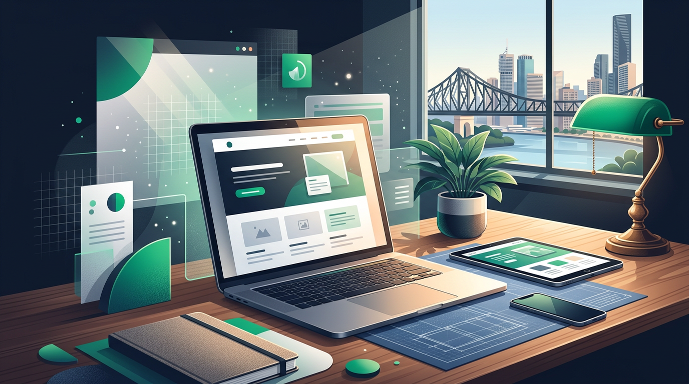 Modern Brisbane workspace with laptop displaying web design and Story Bridge view.