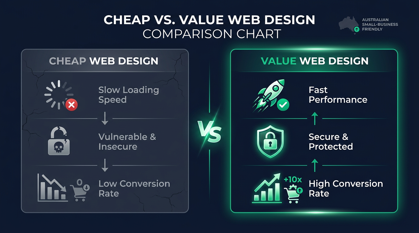 Comparison of cheap vs value web design features: speed, security, and conversion rates.