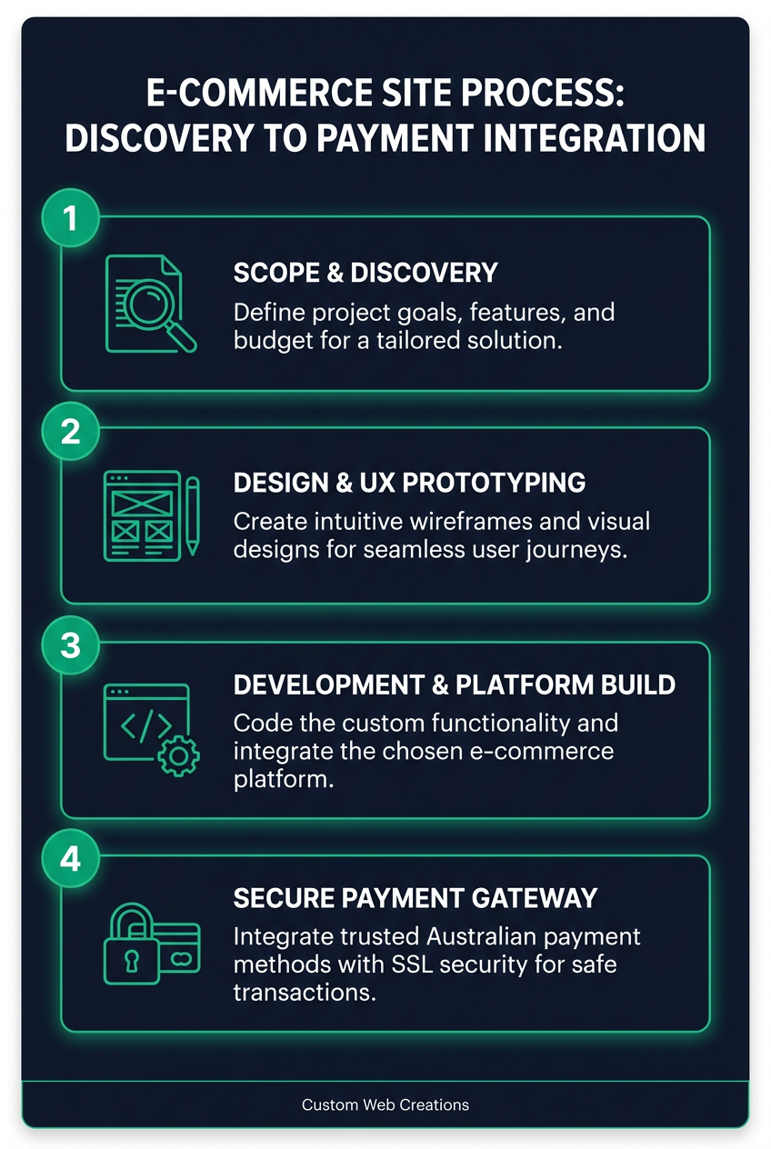 Brisbane e-commerce website build checklist: discovery, design, development, to payment gateway.