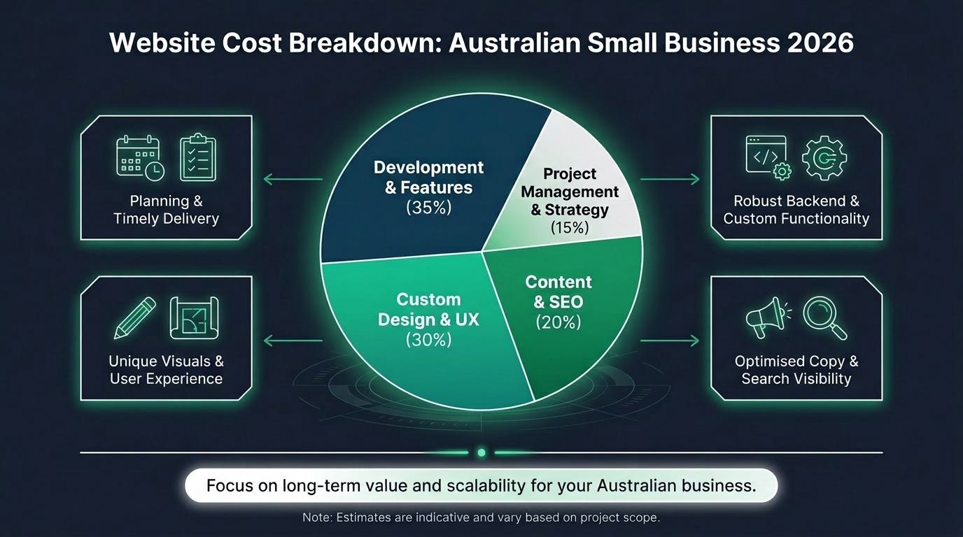 Pie chart showing Australian website cost breakdown: Design (30%), Development (35%), SEO (20%), PM (15%)