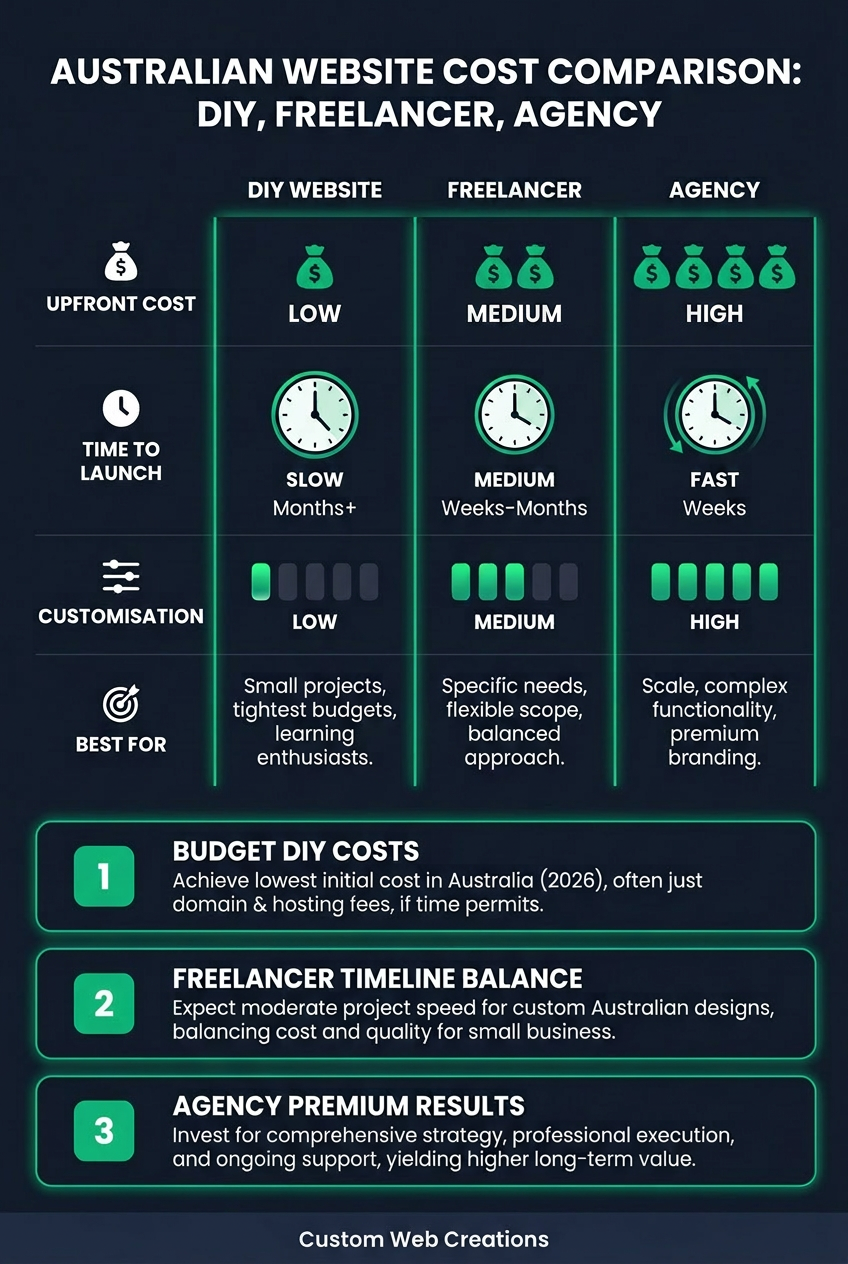 Infographic comparing DIY websites, freelancers, and agencies in Australia for 2026, based on cost and time.