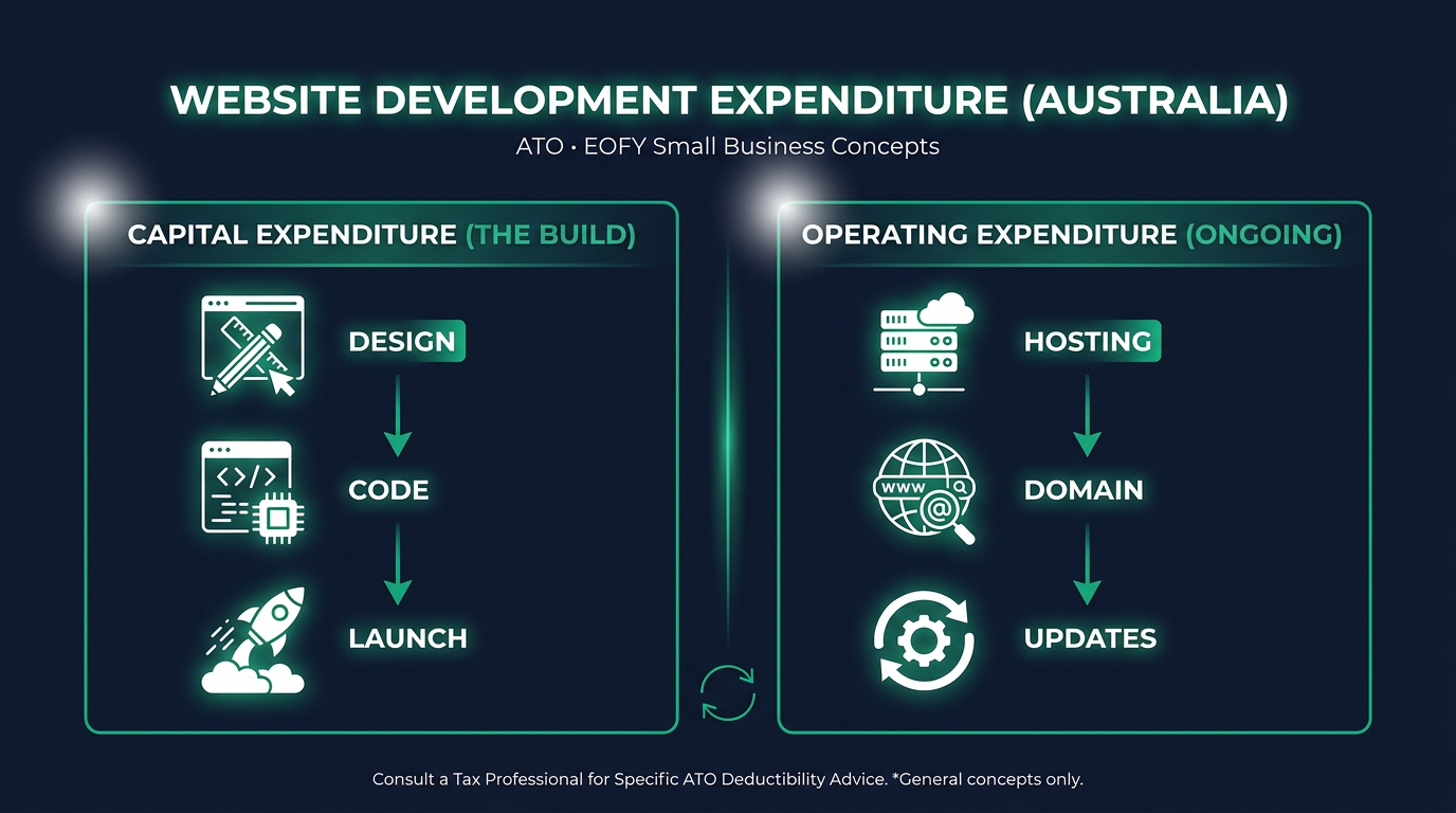 Diagram comparing capital vs operating expenditure for Australian business website costs and tax deductions.