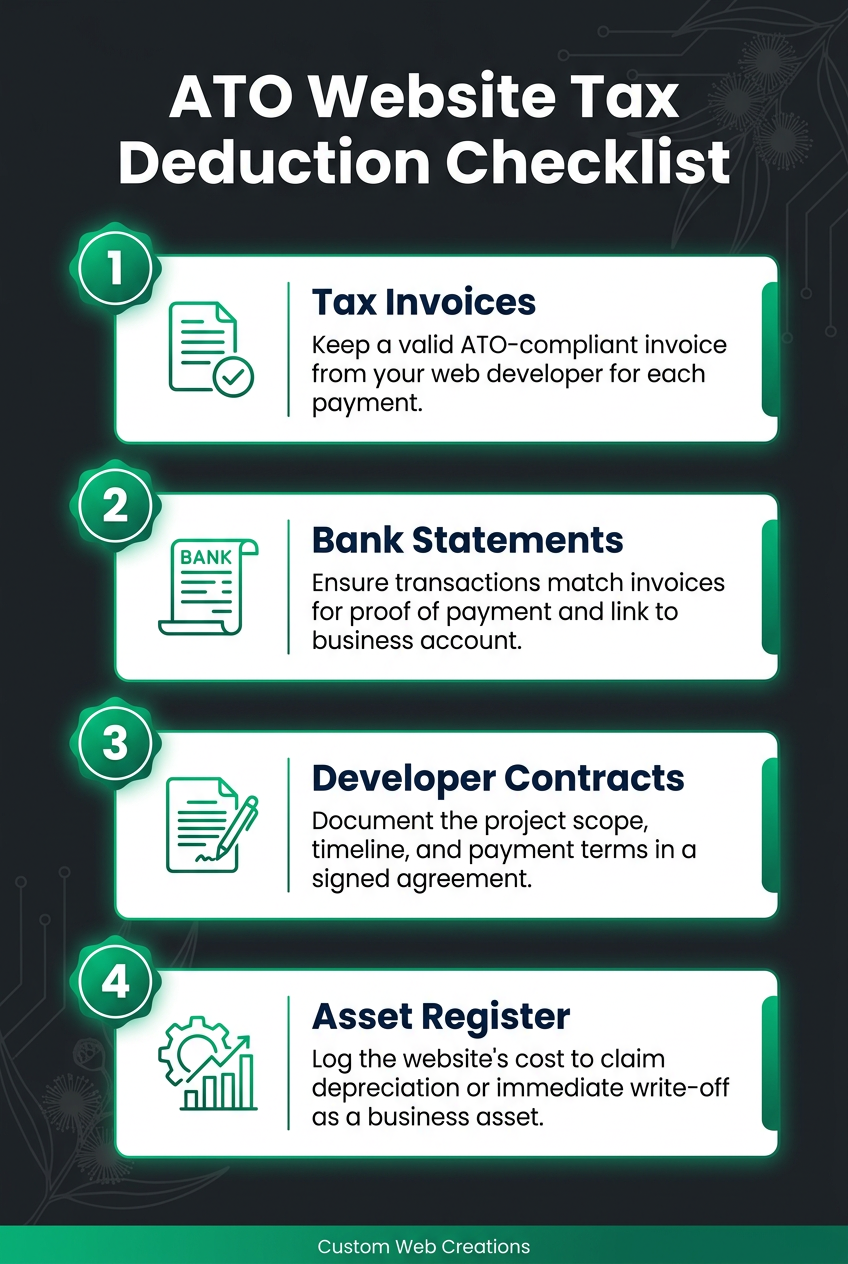 ATO checklist infographic for claiming website development tax deductions in Australia.