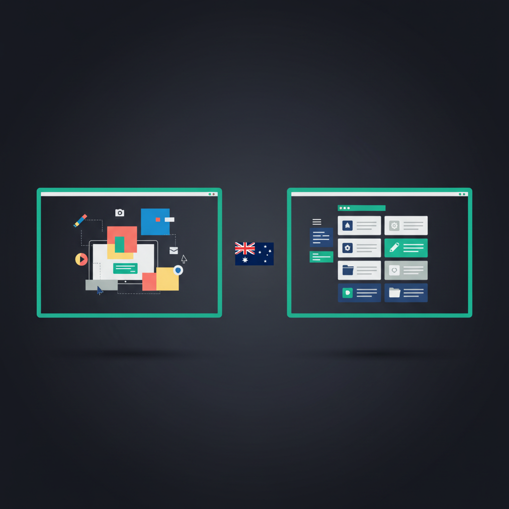 An illustration comparing website building platforms, featuring a desktop UI with design elements and a file management UI, separated by an Australian flag, symbolizing WordPress vs Wix Australia.