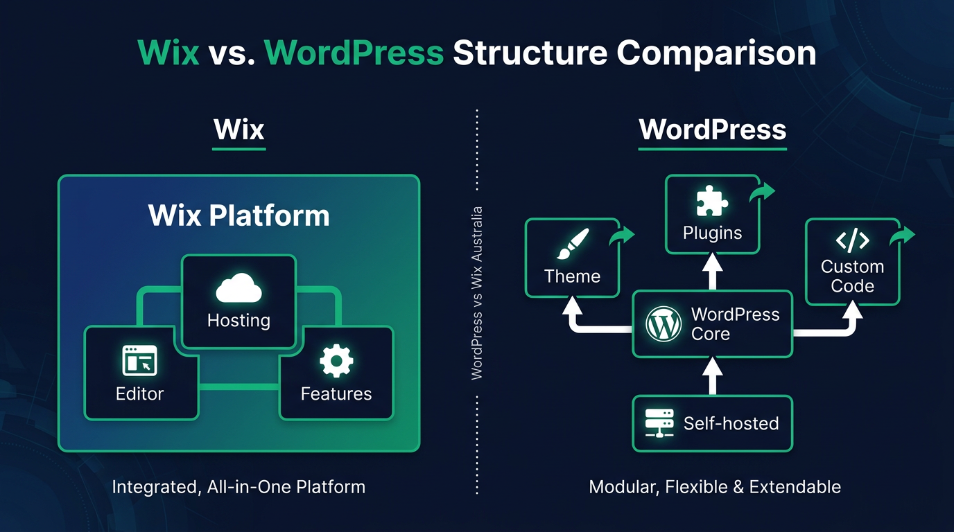 Infographic comparing the structural architecture of Wix and WordPress, demonstrating differences for users in Australia.