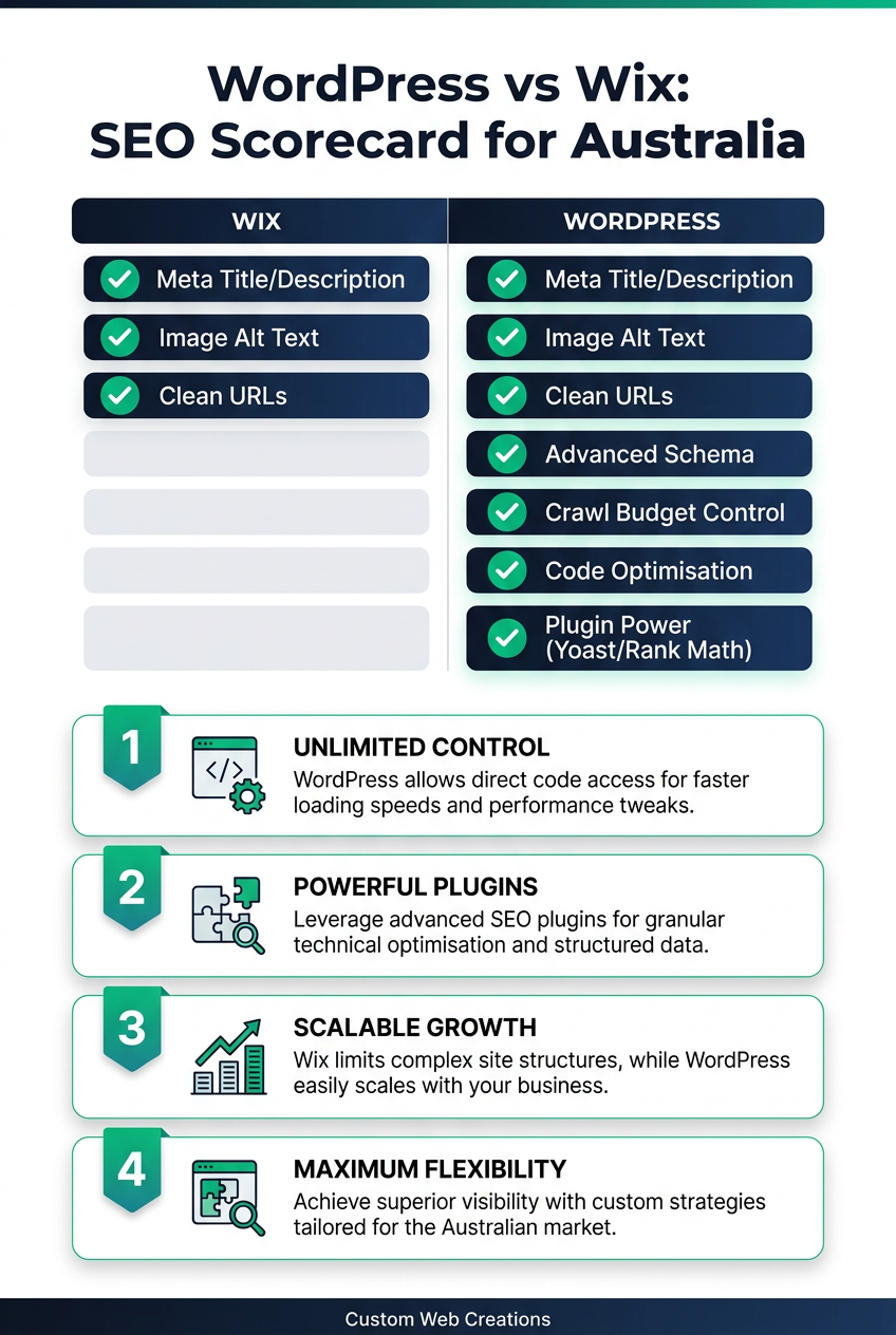 An SEO scorecard comparing Wix and WordPress, highlighting WordPress's superior features for Australian websites.