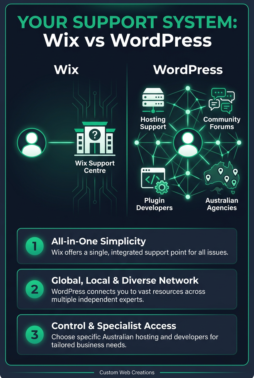 An infographic comparing the support systems of WordPress vs Wix Australia, highlighting Wix's integrated support and WordPress's diverse community, including Australian agencies.