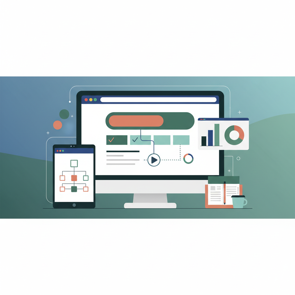 Illustration of a web design brief template with design elements and client input fields. Australian resource.